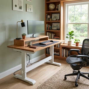 Bureau debout réglable en teck massif avec étagère surélevée pour moniteur, cadre en acier blanc, table de travail ergonomique moderne pour bureau à domicile - Product Image 6