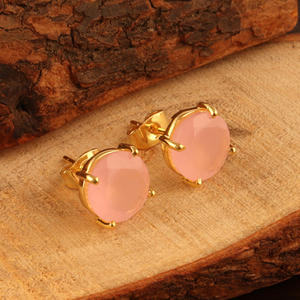 Pendiente de tuerca de Calcedonia Rosa facetado redondo de 10mm, hecho a mano, Juego de puntas chapadas en oro de 24k, joyería geométrica para mujer - Product Image 4