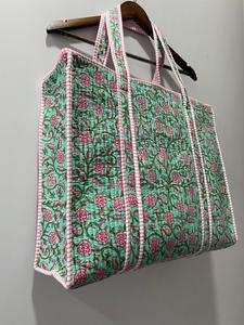 Handmade Cotton Quilted Tote <b>Bag</b> <b>Green</b> for Pink Floral Block Print Eco-Friendly Zipper Lightweight Everyday Travel Shopper - Product Image 6