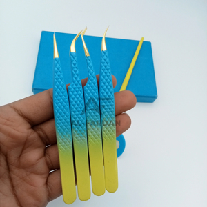 Pince à épiler d'extension de cils à pointe de fibre de logo personnalisé acier inoxydable bleu jaune deux tons de couleur lune coupe design miroir de cils - Product Image 1
