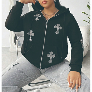 Custom Loose Fit Zip up Plus Rhinestone Cross <b>Pattern</b> Hoodie Drop Shoulder Drawstring Zipper <b>Women</b> Hoodie - Product Image 6