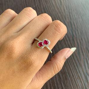 IGI Certified Twin Heart Ruby Halo Diamond Ring 14K Pure Gold Lab Diamond Birthstone Ring Romantic Bypass Promise Ring <b>for</b> <b>Her</b> - Product Image 4