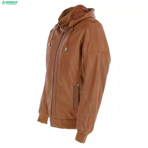 BEHRAM INTERNATIONAL Men's Genuine <b>Leather</b> Moto <b>Jacket</b> Stand Collar Zipper Closure Slim Fit Autumn Style <b>Brown</b> Color - Product Image 2