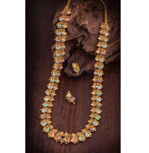 Classic Premium Quality Brass <b>Gold</b> Plated Long Necklace <b>Set</b> with <b>Earrings</b> for Wedding Party Festival Wear for Women - Product Image 2