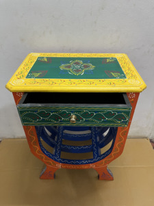 Handcrafted Rajasthani Hand-Painted Wooden U Shape Stool With Embose Work Nighstand Bedside - Product Image 1