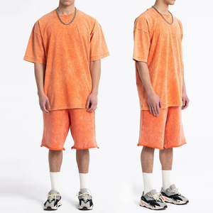 Camiseta personalizada con lavado ácido y pantalones cortos con dobladillo crudo y hombros caídos de talla grande, pantalones activos de algodón para hombre con logotipo personalizado - Product Image 2