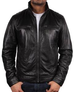 Chaqueta de piel de oveja vintage con cuello alto clásico para hombre, estilo urbano con cierre frontal de cremallera. - Product Image 1