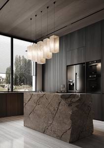 Modern Marble MDF Modular Kitchen Island Cabinet Set Glass Doors Black Wood Grain Rectangular Contemporary Minimalist Design - Product Image 3