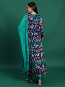 Ensemble d'été pour femmes, kurta Anarkali à manches longues et col en V, broderie bleue élégante, pantalon palazzo et dupatta - Product Image 3