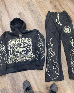 กางเกงวินเทจทรงบานฟอกสีซีดแบบดิสเทรสสำหรับผู้ชาย ชุดวอร์มมีฮู้ดปักโลโก้และกางเกงจ็อกเกอร์พร้อมลายพิมพ์ DTG แบบซีดจางด้วยแสงแดด - Product Image 1