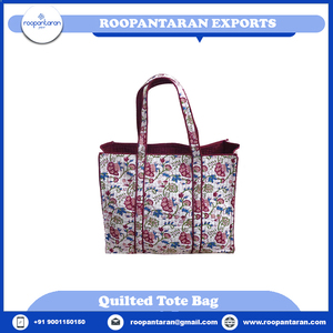 กระเป๋าผ้าบุนวมผ้าฝ้ายนุ่มใช้ซ้ำได้กระเป๋าโท้ทพิมพ์ลายบล็อกมือสำหรับตอนเย็น - Product Image 2