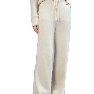 Women's 100% Wool Solid Sweater <b>Pants</b> Autumn Winter Knitwear Office High Rise Anti-Wrinkle Drawstring Elastic Wide Leg Pockets - Product Image 1