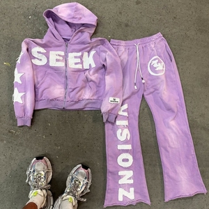 Survêtement personnalisé délavé à l'acide Ensemble de survêtements de jogging Streetwear Impression bouffante Lavage par pulvérisation Pantalon de survêtement évasé et ensemble de sweat à capuche avec fermeture éclair complète - Product Image 4