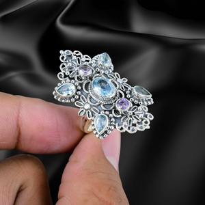 925 plata esterlina Topacio Azul Spinner anillo 925 plata esterlina piedra preciosa sólida hecha a mano niñas anillo Natural 925 joyería estampada - Product Image 4