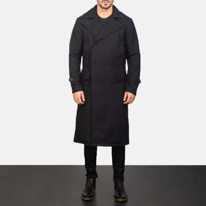 Manteau long noir en laine pour homme style détective, coupe ajustée, avec capuche imprimée, pour automne-hiver, élégant et décontracté, avec bordure en fourrure - Product Image 4