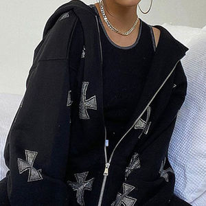 Sudadera con capucha para hombre con estampado de logotipo personalizado y cremallera con diamantes de imitación en relieve, cremallera completa de gran tamaño hecha de forro polar francés - Product Image 4