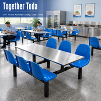 Ensemble table et chaises de restaurant rectangulaires bleues, structure métallique, sièges en plastique pour salle à manger de cantine