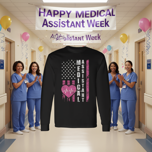 Camiseta de manga larga con bandera de EE. UU. para asistentes médicos, enfermeras y trabajadores de la salud. ¡Celebre la Semana del Asistente Médico con estilo! - Product Image 3