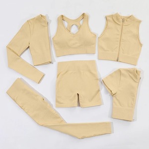 Yoga Set Ribbed Sports Bra Drawstring Crop <b>Top</b> Breathable Front Sportswear Mid <b>Waist</b> Half Sleeve Workout Fitness Suit Gym - Product Image 1