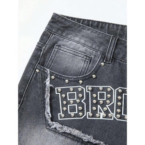 Pantalones cortos de mezclilla con letras de diamantes de imitación personalizados al por mayor OEM parche de estrella borde deshilachado ropa de calle Hip Hop de gran tamaño Jorts moda de verano - Product Image 5