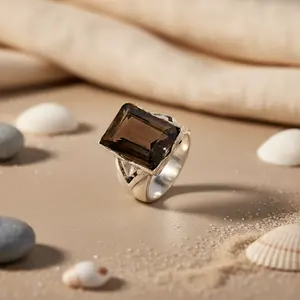 Women's Handmade Boho <b>Statement</b> <b>Ring</b> 925 <b>Silver</b> with Smoky Quartz Square Topaz Stone Platinum Cut Gift Jewelry - Product Image 1