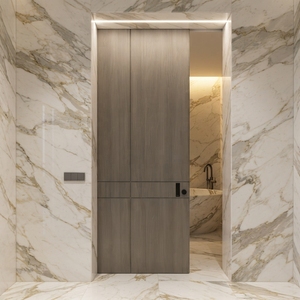 Puerta Interior Moderna Asimétrica de MDF Ranurado con Acabado Resistente al Agua en Grano de Madera Gris Claro para Sala de Estar - Product Image 3