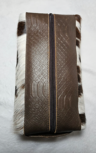 GENUINE HANDCRAFTED BLACK COLOUR GENUINE STYLISH AND DURABLE COSMETIC BAG BLACK AND WHITE PRINT COWHIDE TOOLING LEATHER BAG - Product Image 3