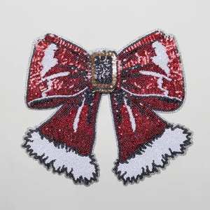 Wholesale Trending Custom Large Merrow Border <b>Christmas</b> Red Bow Sequin Patch Iron on Embroidery Patches - Product Image 1