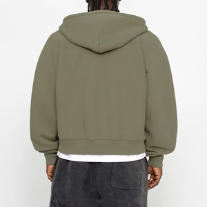 Vert Olive Hiver Full Zip Hoodie Tricoté Solide Motif Technique Lavée avec Cordon de Serrage - Product Image 4