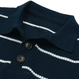 Polo de Punto Trenzado Azul Marino para Hombre, Prenda de Punto de Algodón Premium, Manga Corta, Texturizado, Corte Clásico, Ropa Casual Elegante - Product Image 6