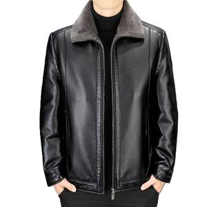 OEM PU Leather Jacket Mens Fleece Lined Winter Coat Lapel Collar Short Style Thickened Warm Jacket Middle Aged Outerwear - Product Image 4