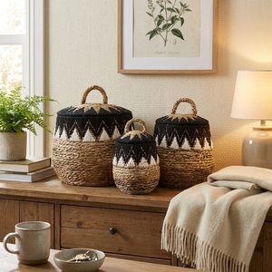 Ensemble de paniers en macramé en écorce de bananier naturelle avec couvercle, motif tribal noir et blanc, pot de rangement, décoration artistique pure pour la conception d'intérieur - Product Image 4