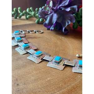Ethnic Style Navajo Handmade Sleeping Beauty Turquoise & Sterling <b>Silver</b> Link <b>Bracelet</b> - Product Image 4