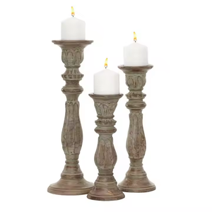Carved Solid Wood Candle Holder Set Distressed Farmhouse Chic Rustic <b>Home</b> <b>Decor</b> Rectangle Pillar Candlestick for Diwali - Product Image 1