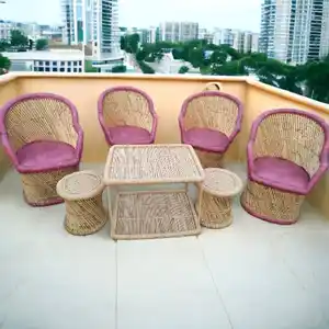 エレガントなナチュラルヴィンテージ籐竹椅子セット2オットマン & コーヒーテーブル屋外籐家具裏庭ガーデンソファセット