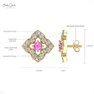 Boucles d'oreilles Femme Mode 2025 Saphir Rose Halo Diamant Stud Or Massif 14k Rond 2mm Gemstone Floral Studs Direct Factory Price - Product Image 5