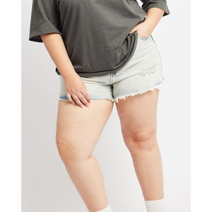 <b>High</b> <b>Waist</b> Breathable <b>Shorts</b> for Women Plus Size Distressed <b>Ripped</b> Hem Tack Button Slight Stretch Regular Fit <b>Short</b> <b>Denim</b> - Product Image 5
