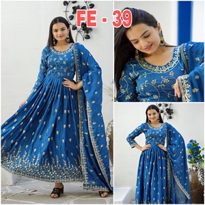 2024 verano cuello redondo Chinon bordado Chinon vestido con bordado de secuencia trabajo tejido hasta el suelo lavable - Product Image 6