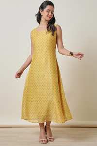 2025 dernière sortie d'usine moutarde Chanderi veste robe pour femmes imprimé fleuri à manches longues Style ethnique élégant naturel - Product Image 5