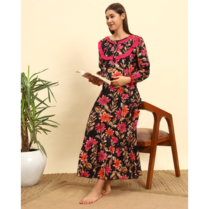 Chemise de nuit longue en dentelle victorienne 100% coton pour femmes, manches longues, longueur totale, motif floral respirant, imprimé sur le col - Product Image 1