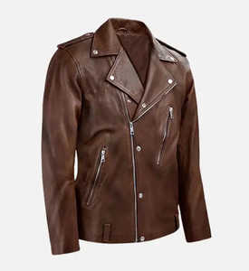 Chaqueta de cuero de motorista marrón para hombre con cierre de cremallera Estilo casual de invierno Acabado - Product Image 3