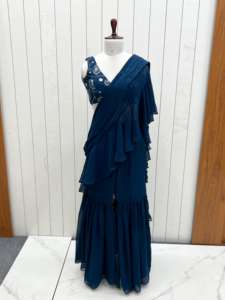 Sharara de estilo pakistaní de alta calidad con blusa de trabajo bordada pesada, Saree Sharara listo para usar de diseñador, Sari de fiesta - Product Image 6