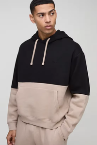 Venta caliente Color Block Hoodie para hombres OEM Custom Streetwear Pullover Sudadera con capucha Elegante negro y Beige Two-Tone Fleece - Product Image 5