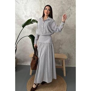 Camisa a Rayas Marrón para Mujer Elisa Fashion con Corsé y Falda Fruncida - Product Image 1