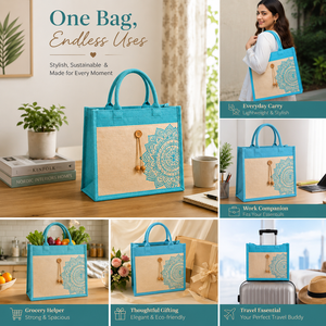 Bolsa de Yute Laminada Azul con Estampado de Mandala y Botón de Madera, Bolsa de Compras Reutilizable Ecológica para Exposiciones y Bodas - Product Image 4