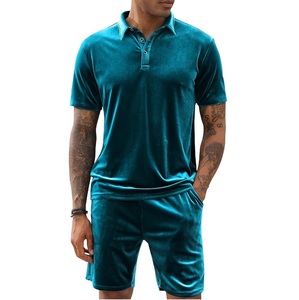 Conjunto Deportivo de 2 Piezas para Hombre, Color Azul, Botones, Terciopelo, Corte Ajustado, para Correr, Gimnasio, Chándal, Conjunto Corto de Terciopelo - Product Image 4