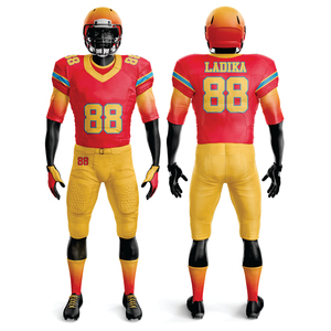 Uniforme de football américain sublimé en polyester 100% personnalisé pour hommes maillot court respirant en sergé rouge jaune - Product Image 1