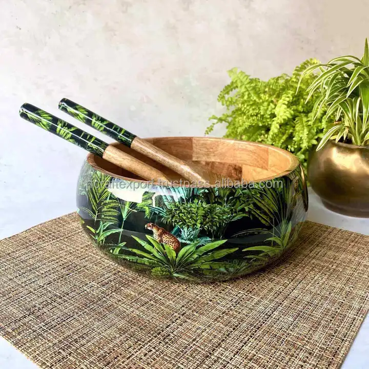 Nouveau bol à salade/service en bois et plateau avec revêtement en émail à l'intérieur à prix très bon marché direct de l'Inde par RF Crafts