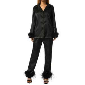 Pyjama en soie satinée respirante pour femmes, personnalisé, 2 pièces, ensemble de vêtements de nuit à manches longues pour femmes, de haute qualité, col rabattu pour femmes - Product Image 1