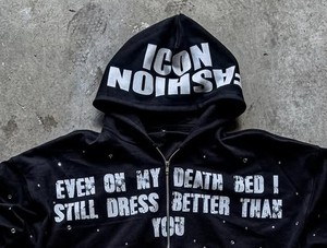 Sudaderas con capucha de alta calidad Logotipos impresos Hombres personalizados Fabricantes Rhinestones Zip up Puff Vintage Wash Print Acid Wash Hoodie - Product Image 2